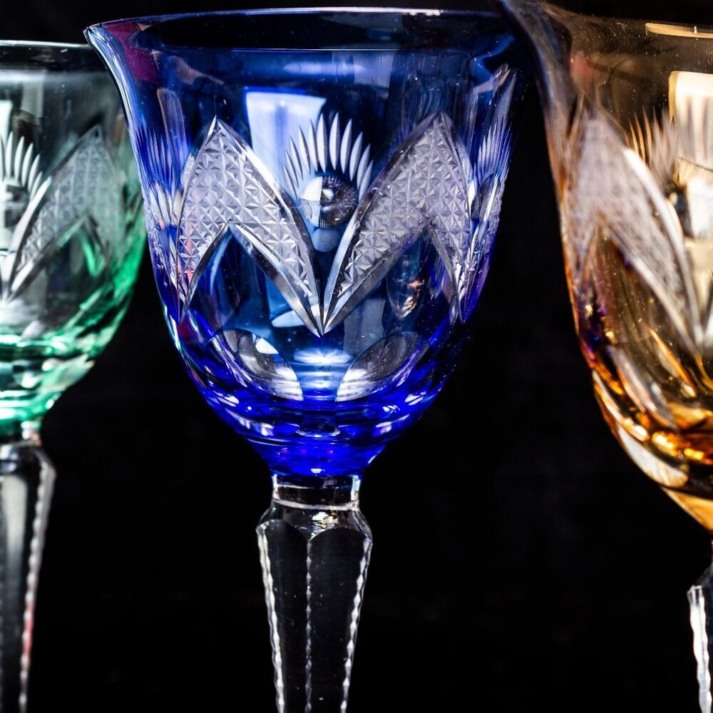 Crystal Wine Glasses | Cut to Clear | Amber, Cobalt, Aquamarine. Mid Century Bar - Picture 8 of 11